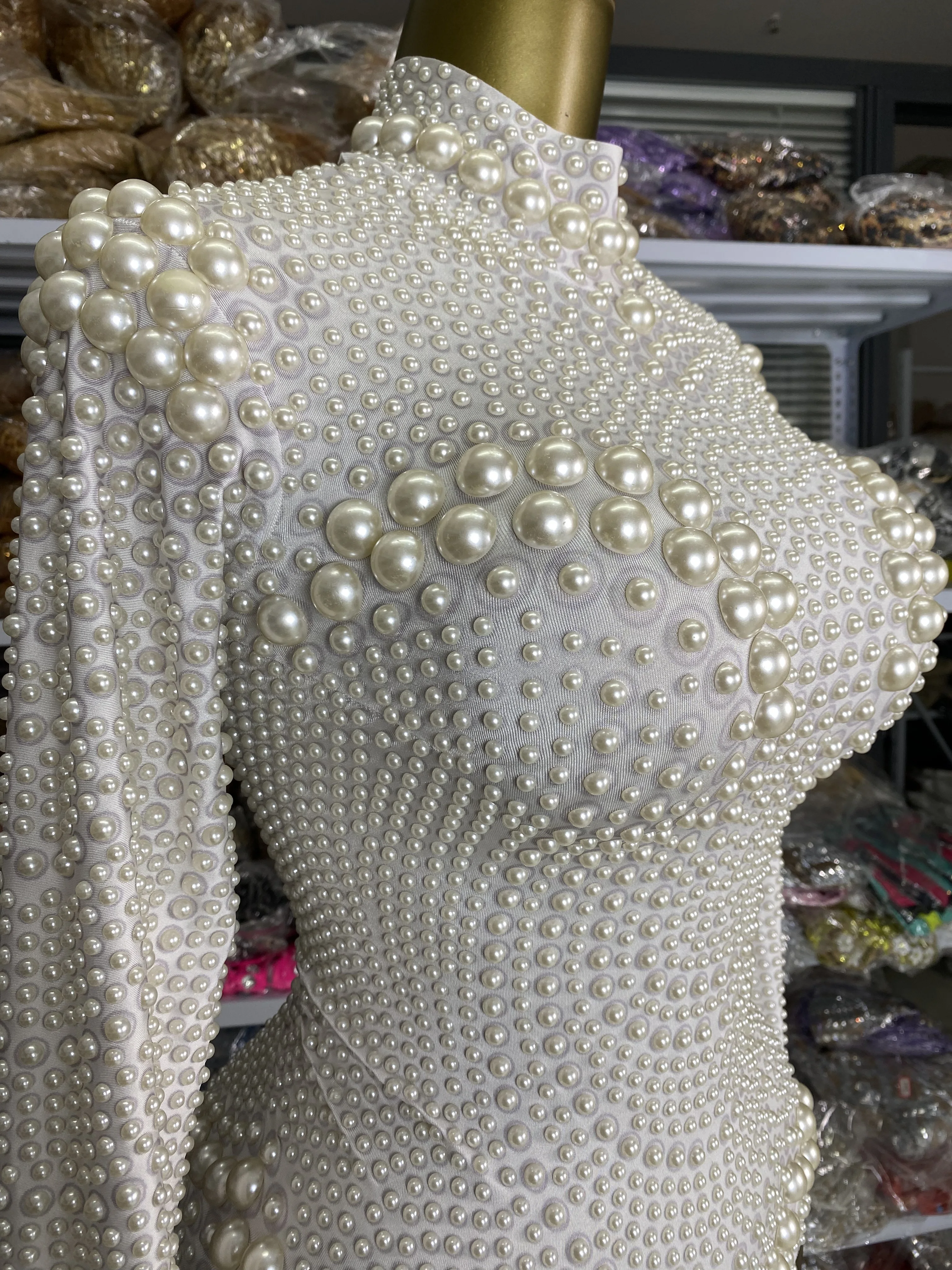 Body dolcevita a maniche lunghe con perle bianche di lusso, costumi da spettacolo per discoteca, body da palcoscenico per feste, dropship