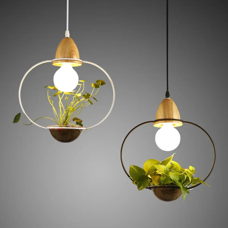 Originality Modern Pendant Light E27 Holder Hanging Plant Pot Pendant Lamp Wood Iron Glass Droplight For Restaurant Bar Cafe