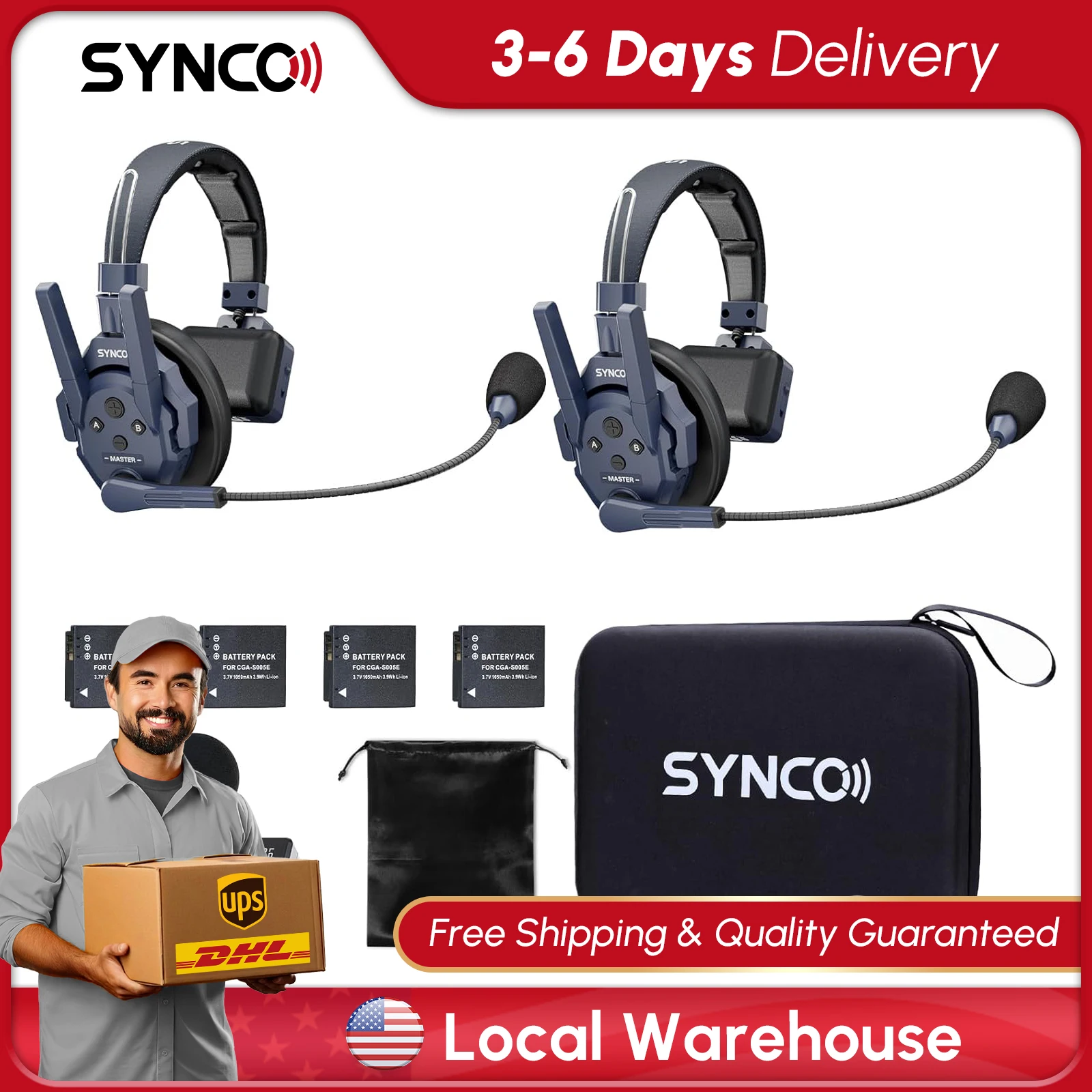 【US STOCK】SYNCO XTALK Master Wireless Intercom Headset System, 500m/1640ft Range ENC 2.0 Noise Reduction 2.4GHz Full Duplex Intercom Communication Headsets App 15H Battery Life