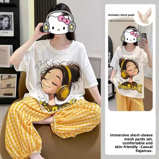 かわいい漫画の音楽少女、または Sve ラウンド ネ クラウド コットン スウェットセット、胸パッド付き、夏の甘い女の子のホームウェア