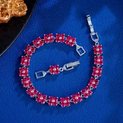 Pera Lovely White Gold Color 4 Leaf Flower Cubic Zirconia Women Fashion Jewelry Tennis Chain Bracelet Bangle with Red Stone B008