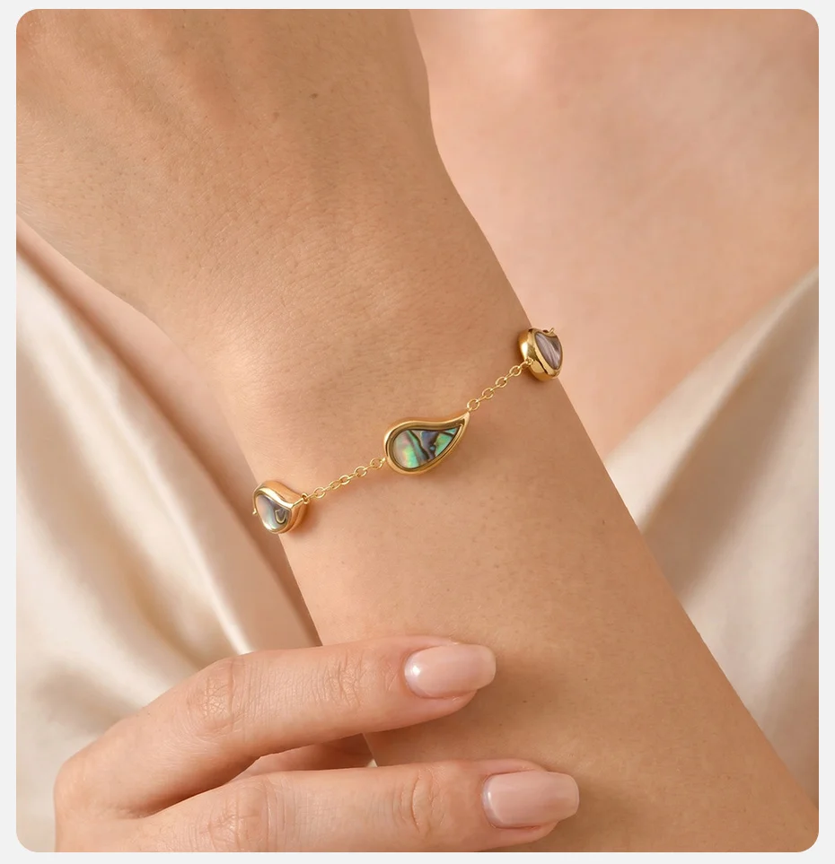 Vnox Vergoldetes Abalone-Muschel-Armband für Frauen Trendiges Geometrisches Tropfenförmiges Armband Sommer Strand Boho Schmuck Wasserfest – Detail 3