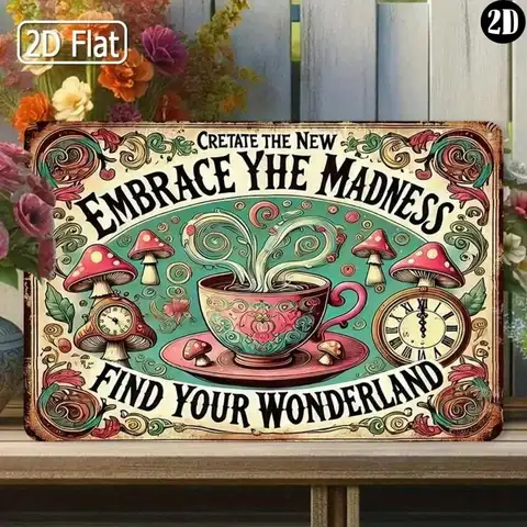 1PC Alice In Wonderland Themed 2D Flat Metal Sign - Vintage Plaque, Whimsical Quote, Fantasy Style, Ideal Decor for Bedroom