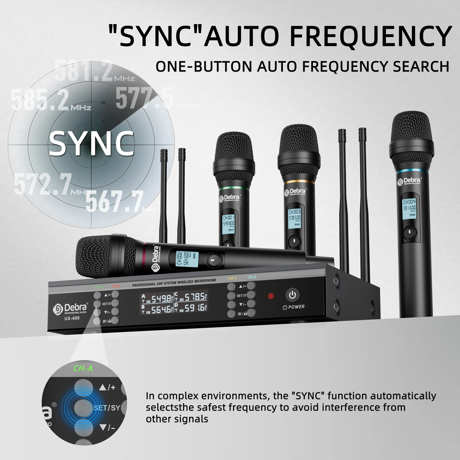 Debra UX-400 Four-Channel Microphone System, UHF Rechargeable Microphone, Infrared Frequency Pairing, for Stage Performances