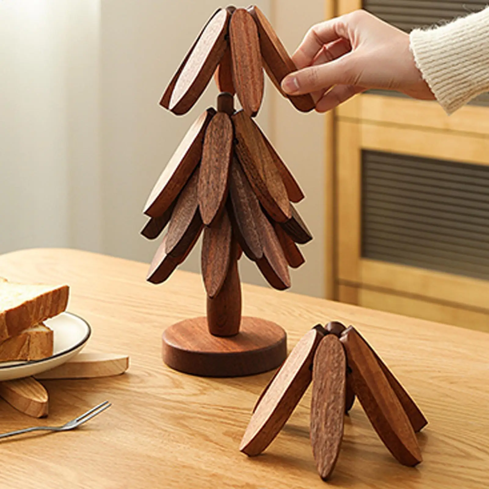 Christmas Tree Coaster Set Foldable Wood Trivet for Hot Pots/Pans/Bowls Xmas Table Decor for Kitchen Dining Room Restaurant Gift