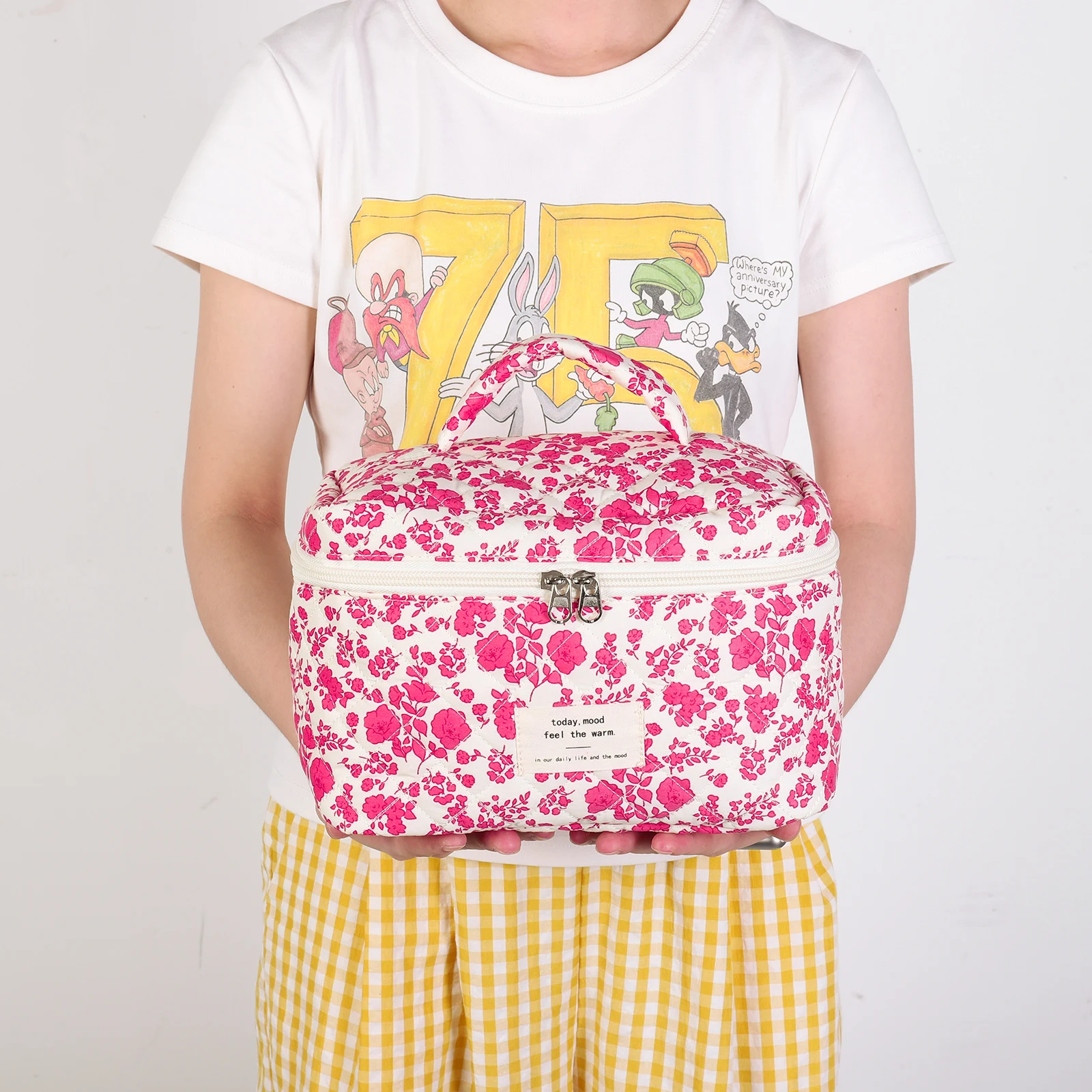 3-個のかわいいキルティング化粧品バッグ、ペンケース付きキルティング収納バッグ、花柄プリントの愛らしいパッド入りスキンケアポーチ、レディース旅行バッグ