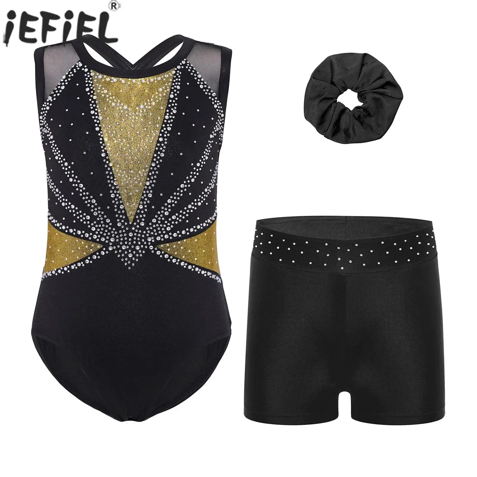 Teen Girls Ballet Dance Gymnastics Outfit Rhinestones Metallic Leotard with Shorts Hairband Figure Skating Acrobatics Dancewear