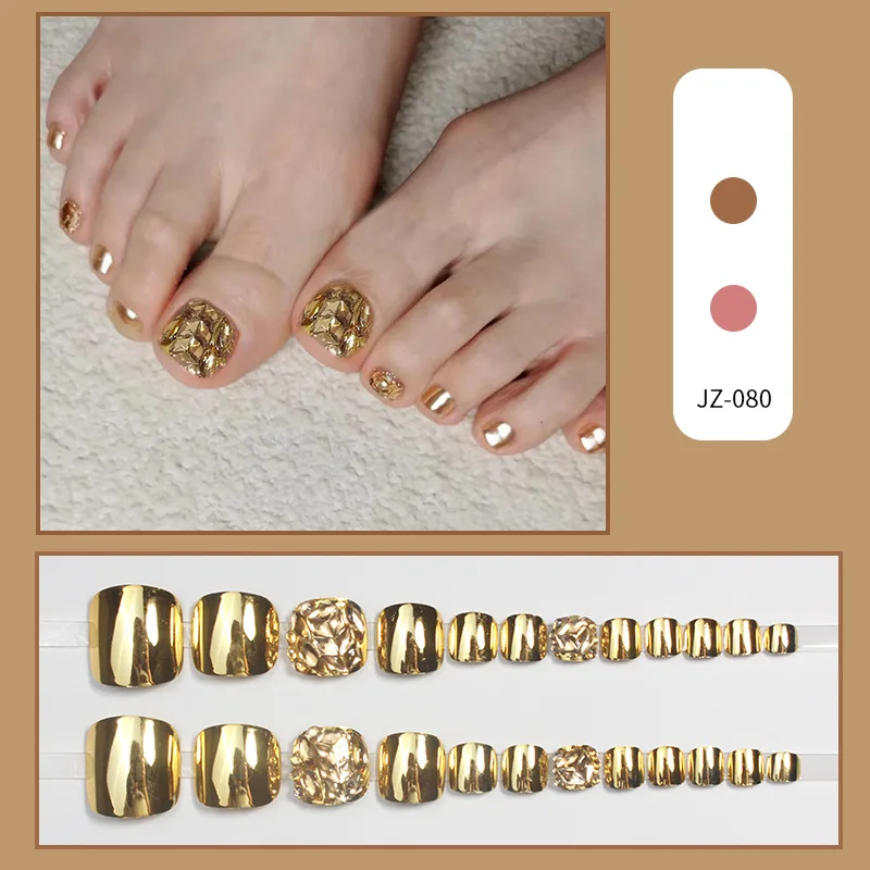 New 2023 Summer Gold Full Diamond ToeNails Press On Glitter Mirror Fake Toe Nail Stickers Full Cover Feet Nail Tips False Nails