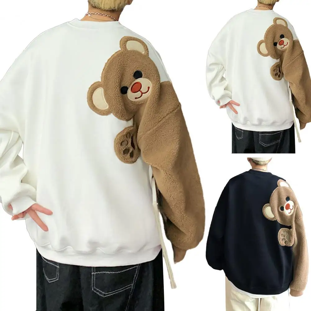 Couple Sweatshirt Fall Winter Cartoon Bear Round Collar Long Sleeves Unisex Sweatshirt Casual Loose Warm Men Women Sport Top