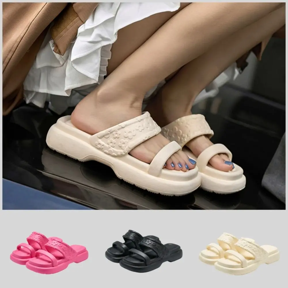 Sweet Solid Color Platform Slippers Women Square Toe Anti-slip Beach Slippers Flat Shoes Soft Flower Sandals Summer