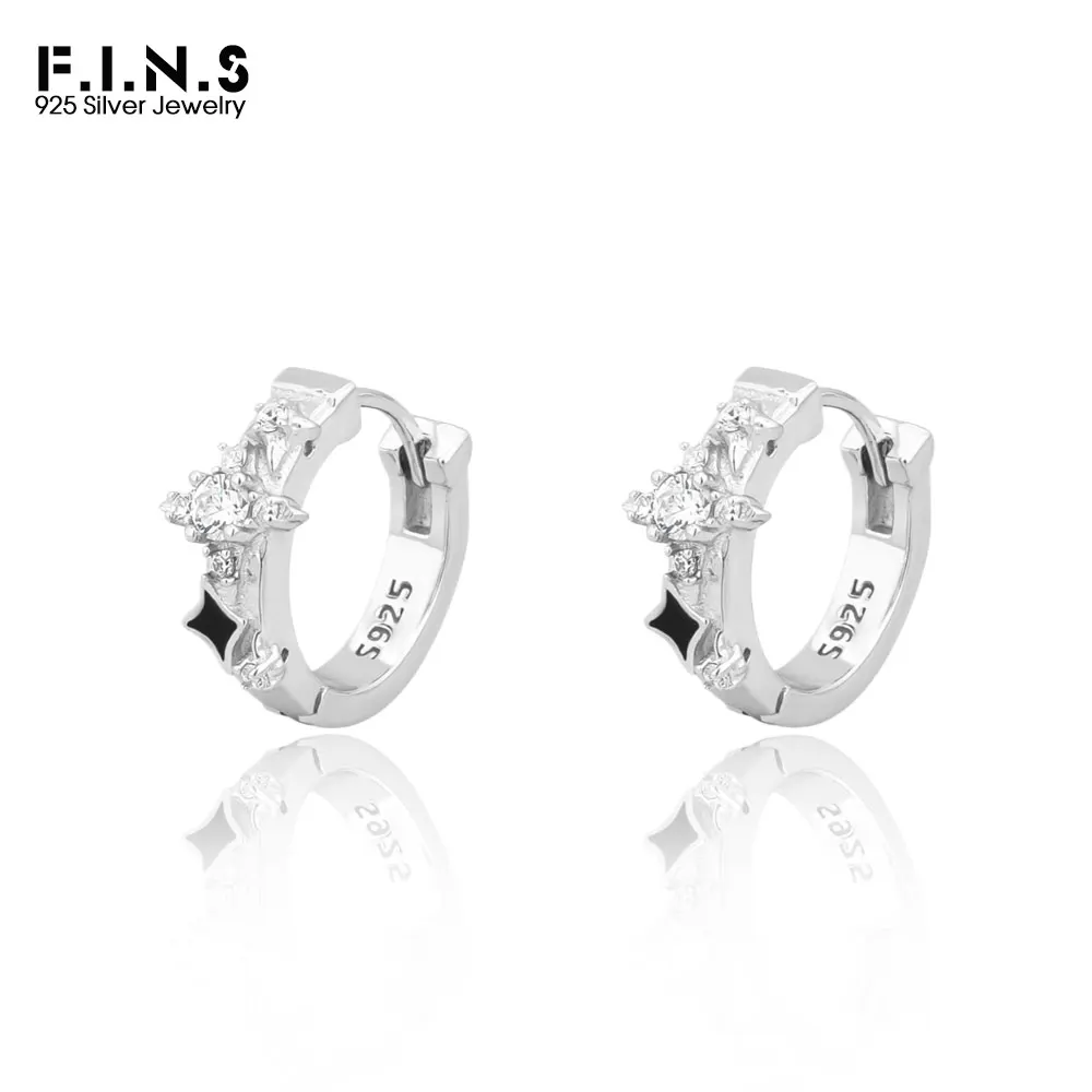 

F.I.N.S Original Design S925 Sterling Silver Earrings Luxury Black Enamel Star Zircon Round Hoop Huggies Ear Buckle Fine Jewelry