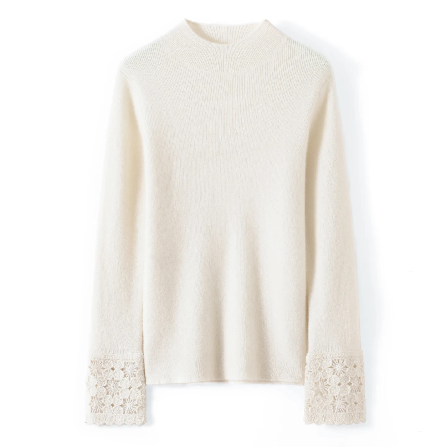 Autumn Winter 100% Premium Pure Cashmere Mock Neck Hand Crochet Sleeves Knit Top Gentle Mature Exquisite Elegant Style Sweater