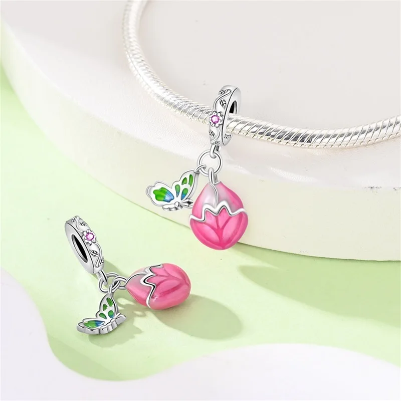 Abalorios de plata esterlina 100% 925 para pulsera Pandora, abalorios de flores, gemas y mariposas, regalo de joyería de cumpleaños cálido, 925