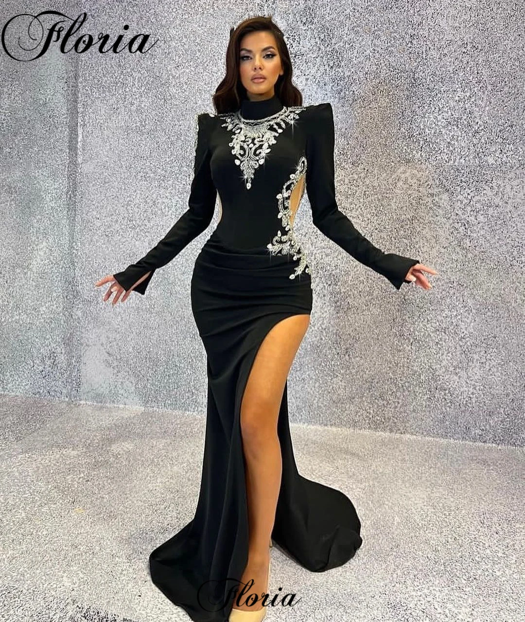 

High Fashion Black Evening Dresses 2023 Mermaid Long Sleeves Prom Dress With Side Slit Crystals Cat Walk Couture Robes De Soirée