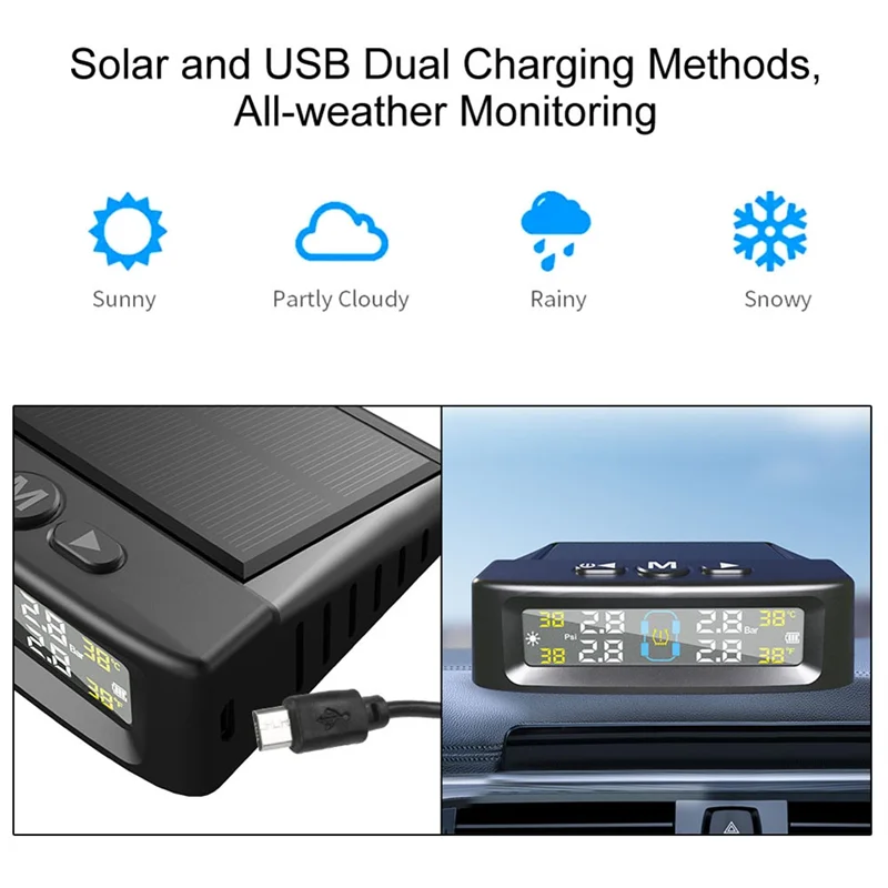 

AU28-Temperature Warning Fuel Save Tire Pressure Monitoring System Solar TPMS 4 External Sensors Car Tyre Pressure Monitor