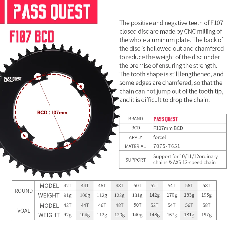 F107mm BCD Chainring for Sram Forcel CRANK 42T 44T 46T 48T 50T 52T Bike Chain 107bcd Road Bike Chainrings