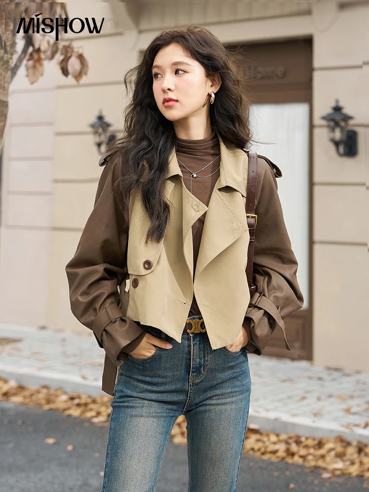 MISHOW Patchwork Leather Trench Coat Spring Autumn Single Breasted Belted Short Coat Streetwear Retro Outerwear MXC48W0157