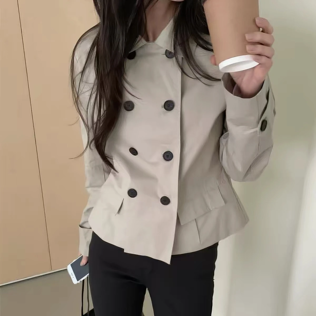 New Long Sleeve Windbreaker Double Row Button Korean Style Collar Jacket Casual Fashion Women's Polyester Fibre Outerwear