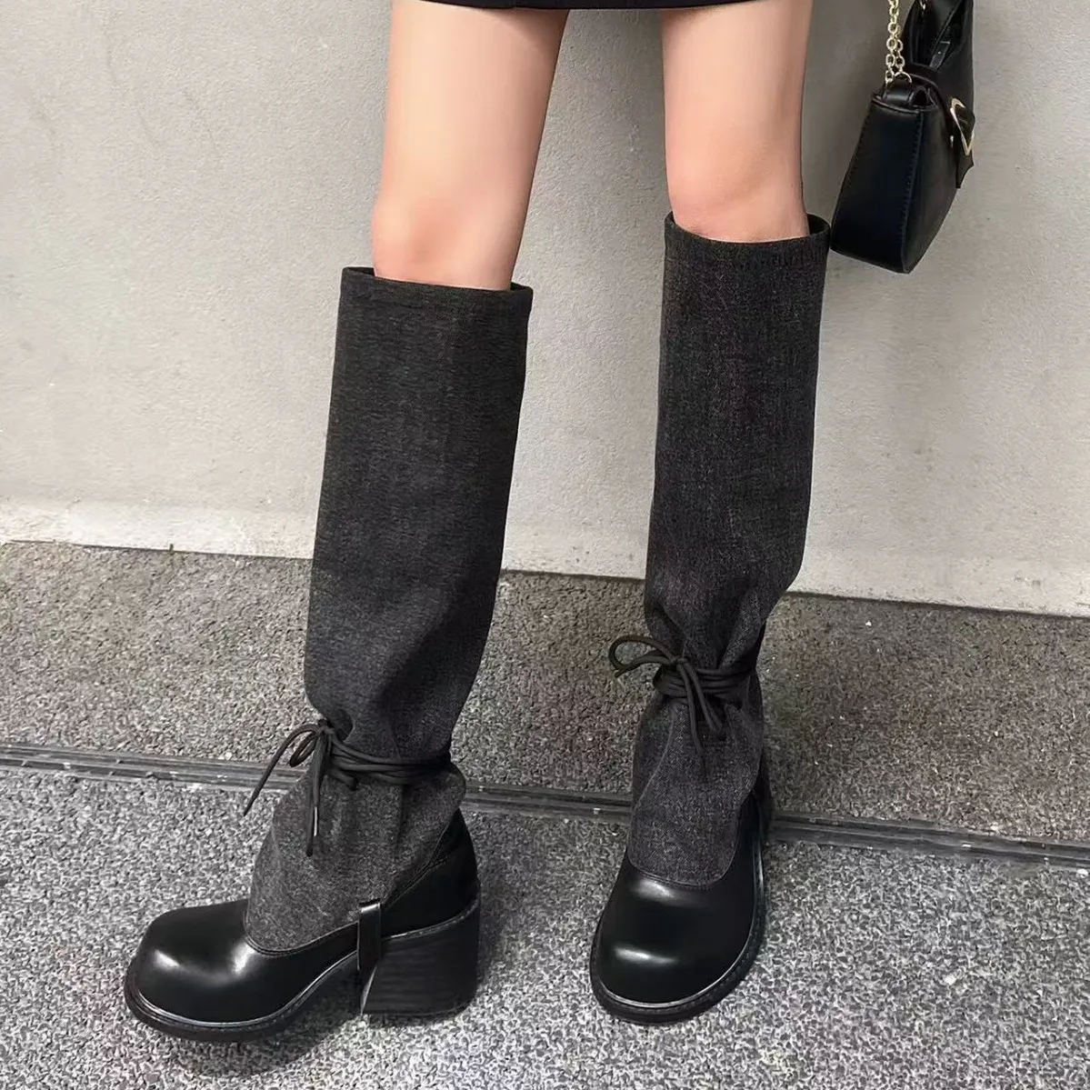 

Женские кожаные серые вязаные сапоги до колена со шнуровкой и деталями, дизайнерские ботинки на блочном каблуке в стиле ретро, повседневные женские зимние классические ботинки, модные