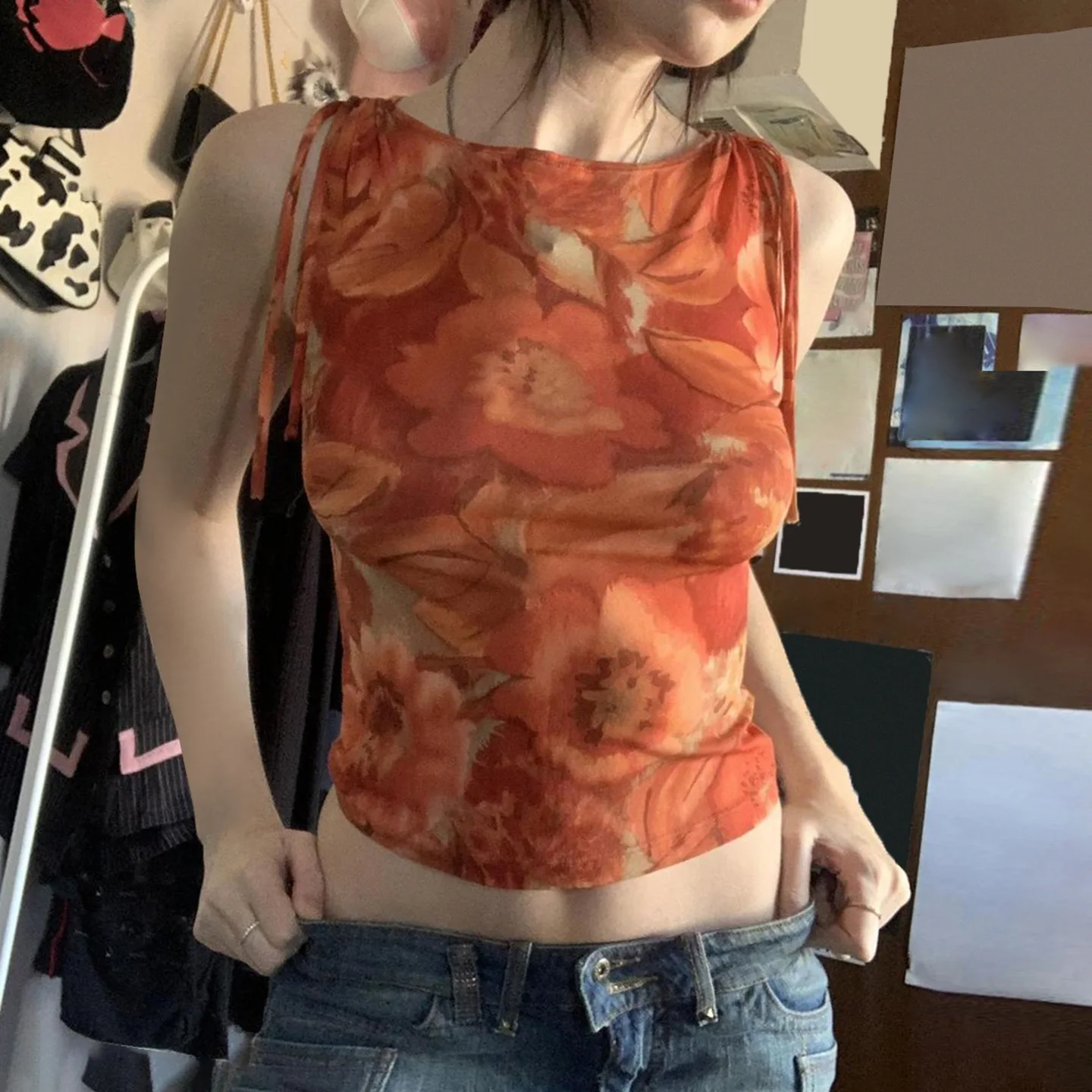 

Resort-inspired Floral Print Smudged Mesh Vest Women's Cross-border Dopamine Orange Lace-up Sleeveless Top