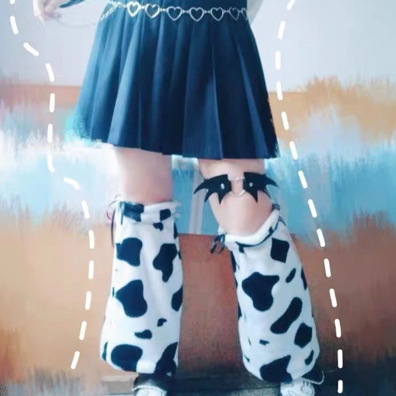 Japanese Women Girls Winter Plush Leg Warmers Harajuku Black White Cow Leopard Print Long Socks Gothic Foot