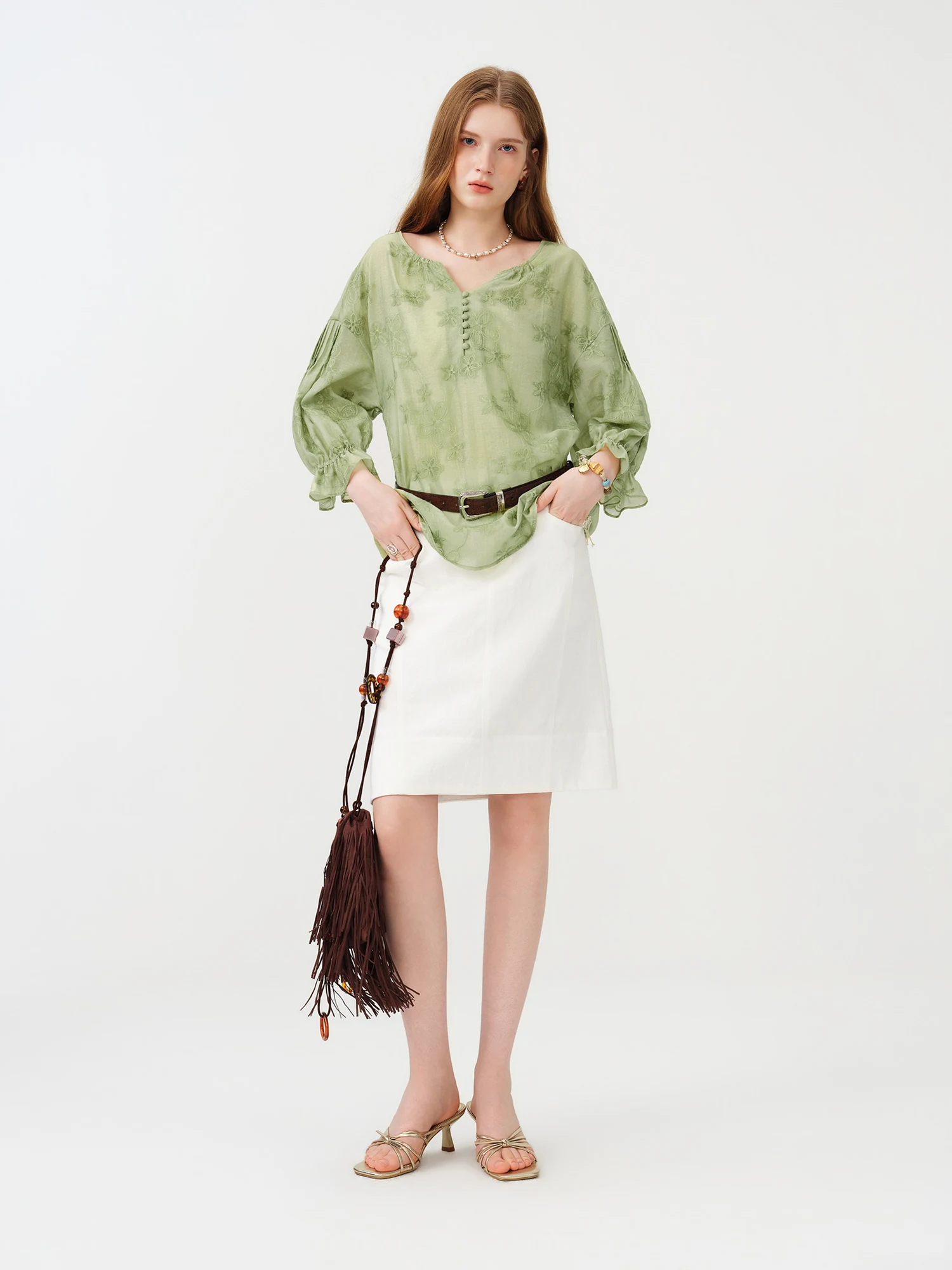 FSLE 2026 Summer Women's Relaxed Fit Tencel Blouse, Lightweight Sheer Embroidered Vacation Top for Breathable Resort Style Top - view 3