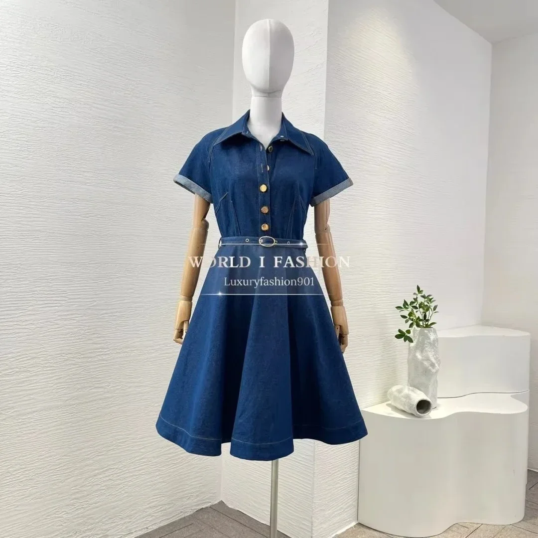 

Pleat Mini Dress Cotton 2025 New Fashion Navy Blue Denim Lapel Short Sleeve