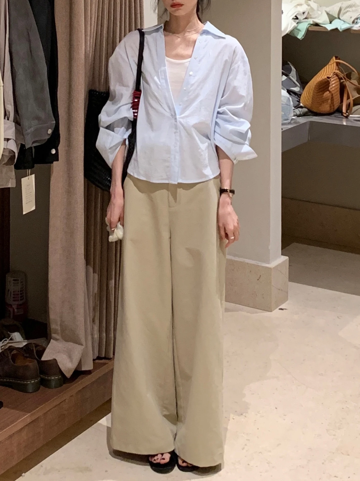 

BRIVIN Korean Style High Waist Wide Leg Cotton Casual Pants Women's Belt Design Simple Straight Slimming Leggings
