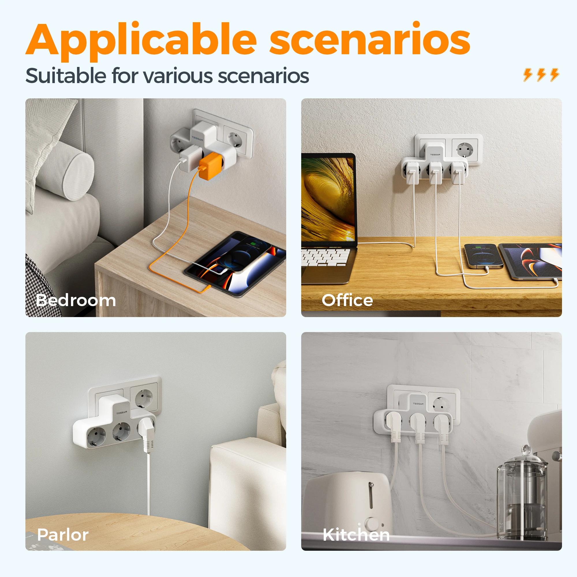 Adaptador de enchufe múltiple TESSAN con 3 salidas, extensor de enchufe europeo de 3600W con protección contra sobrecarga para el hogar y la Oficina