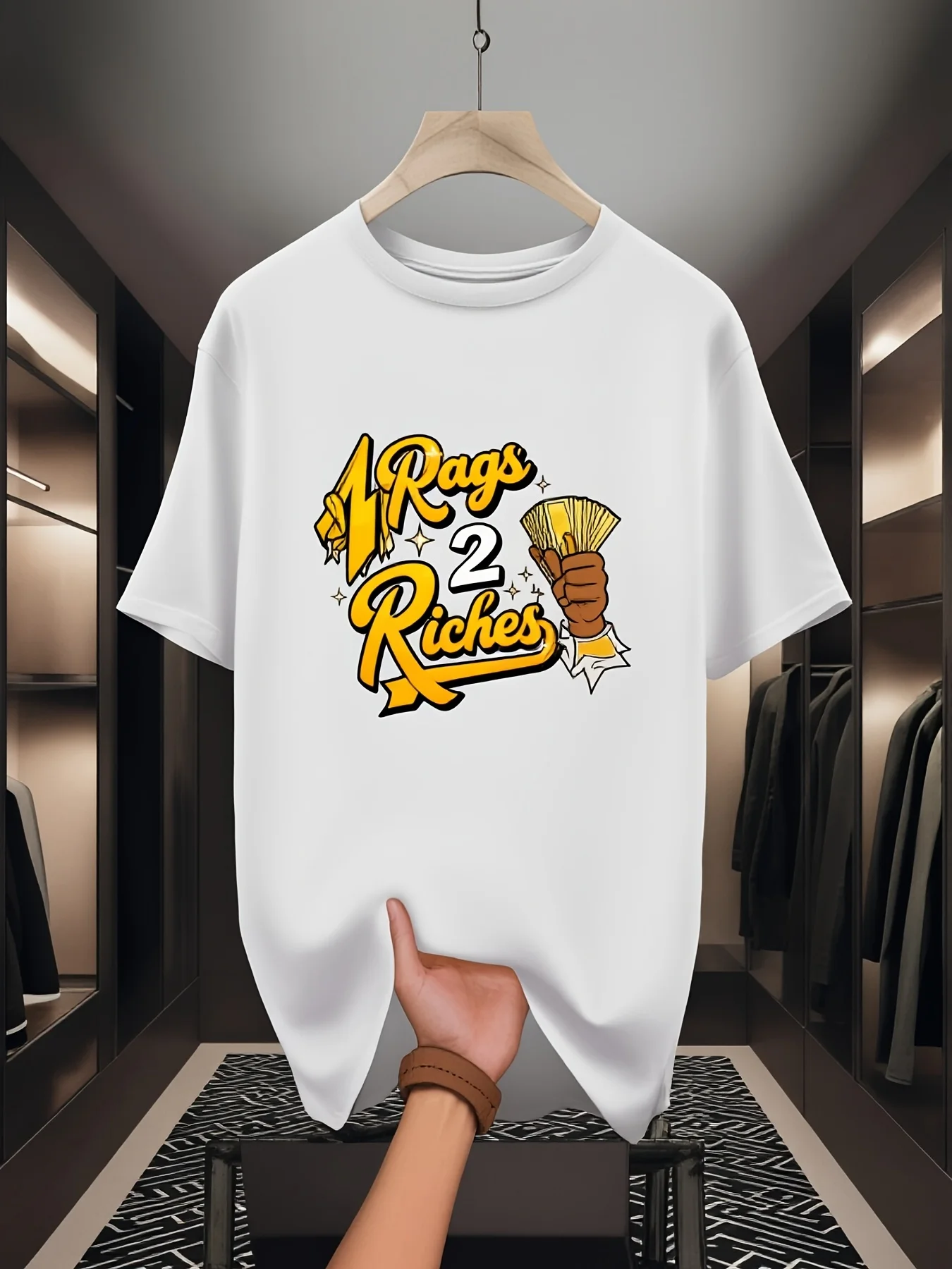 Rags to Riches Men's TShirt Motivational Money Success Print Pattern Pure Premium Print Durable Casual Fashion4Retro Casual Short-sleeved T-shirt with a Round Neck and Printed Pattern, Suitable for Daily Commuting and Outdoor Activities