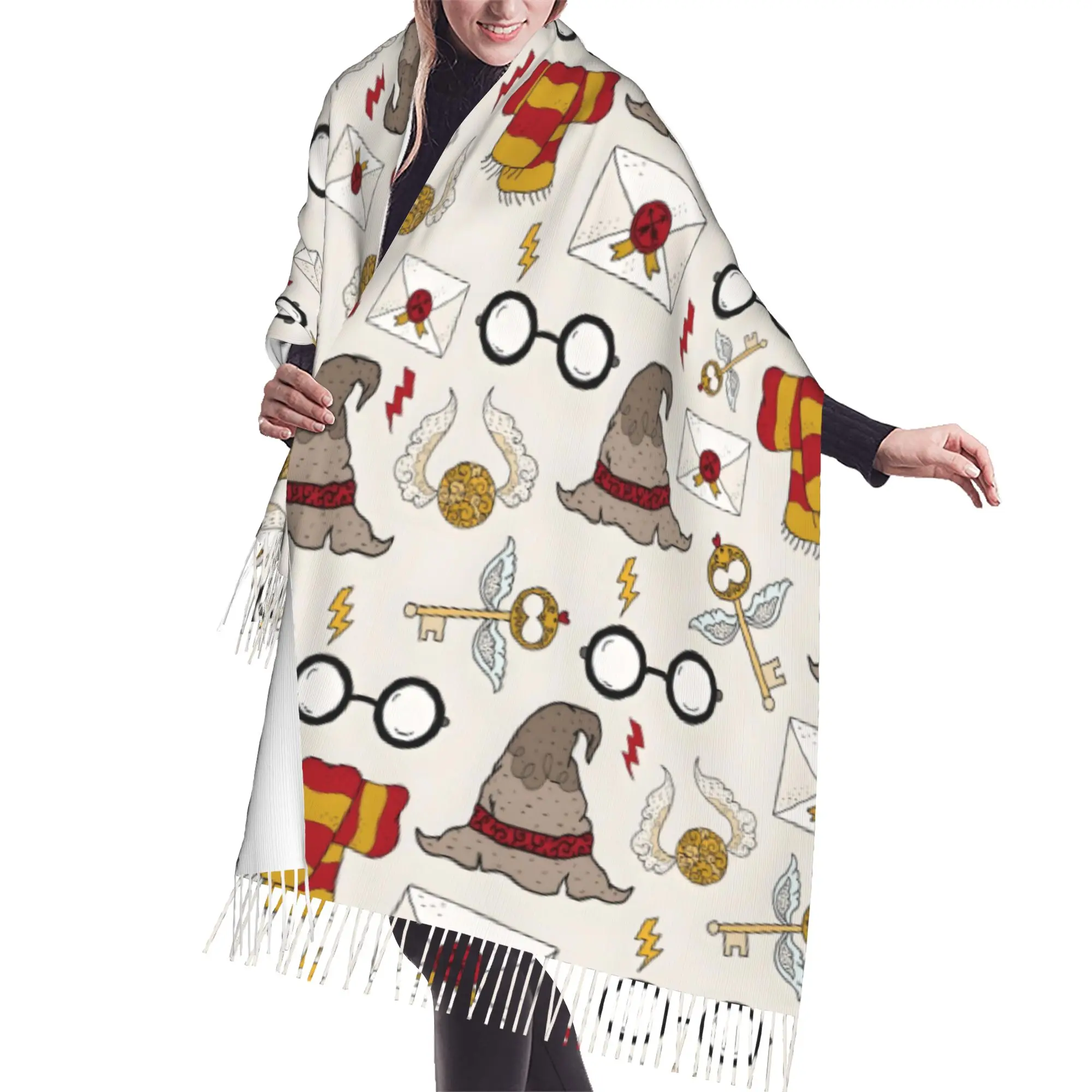 Custom Halloween H-Harryed Scarf Wrap Women Long Winter Fall Warm Tassel Shawl Unisex Magic School Spooky Scarves