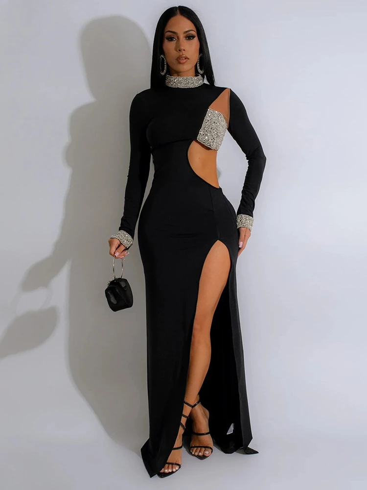 Heavy Industry Hot Stamping Sexy Dress with Hollowed Out High Slit Bodycon Spliced Evening Dress Dress for Women's Evening Gown