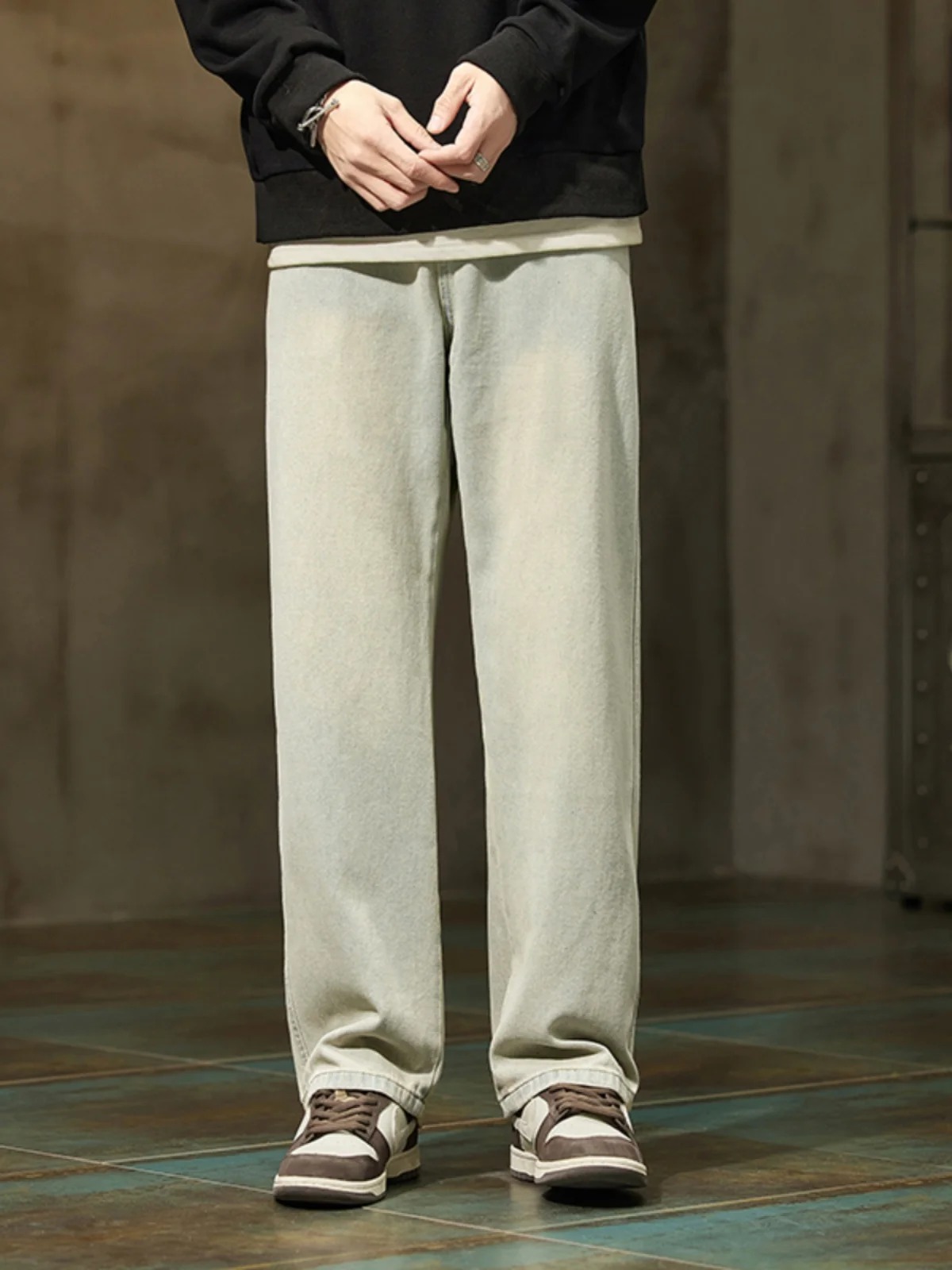 

Spring Autumn Loose Straight Leg Men's Jeans Casual Comfortable Breathable Cotton Stretch Denim mid Waist Zipper Fly Jeans