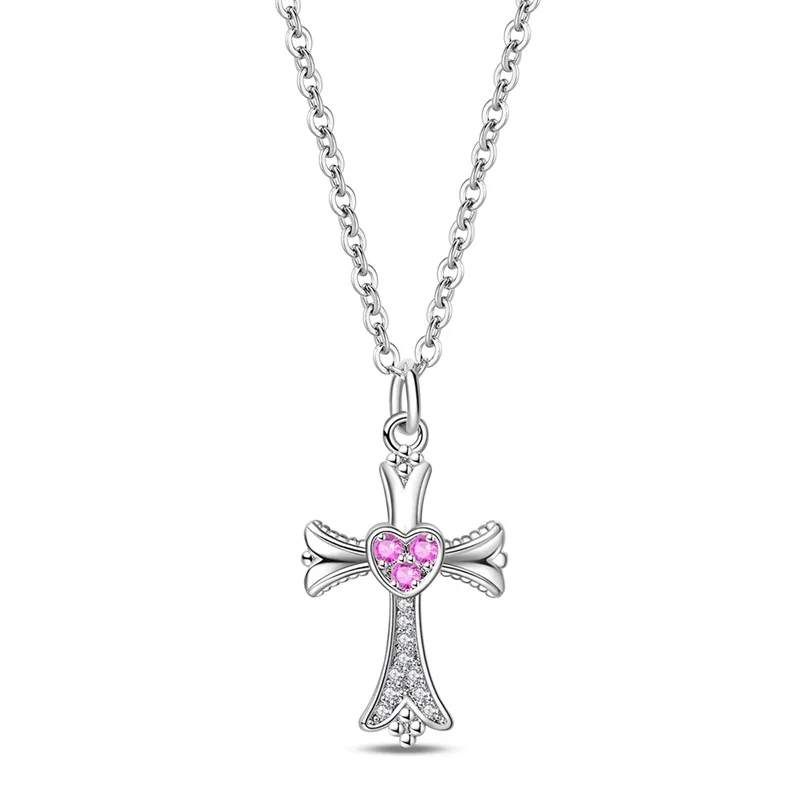 

Cross Necklace 925 Sterling Silver Pink Classic Simple Adjustable Necklace for Women Girl Fashion Jewelry Gifts