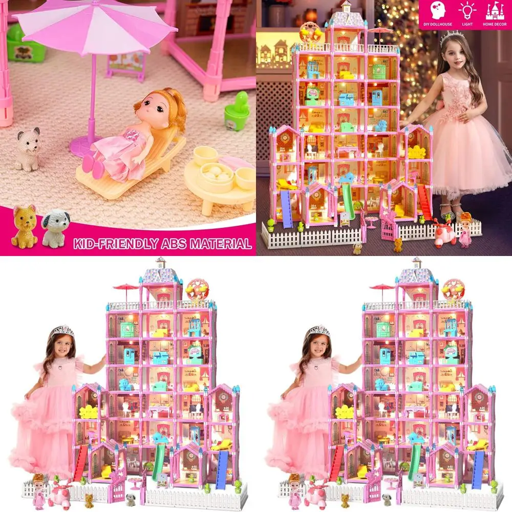 

7-Story 29-Room Grand Dollhouse with Outdoor Playset, Pink, Perfect for Christmas 2024, Easy Assembly for Kids