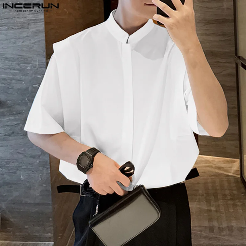 2024 Men Shirt Solid Color Stand Collar Short Sleeve Streetwear Men Clothing Summer Korean Style Fashion Casual Shirts INCERUN