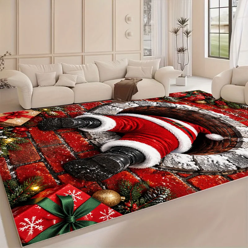 2D Flat Santa Stuck in Chimney Area Rug, Red Brick Background Gift Bauble Pine Snowflake Print, Floor Decor for Living Room