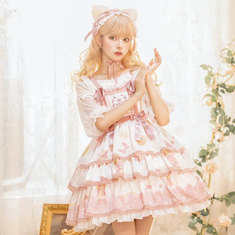 Japanese Style Sweet Cute Girl Lolita JSK Dress Letter Embroidered Bow High Waist A-line Printed Short Cake Dress Women Summer