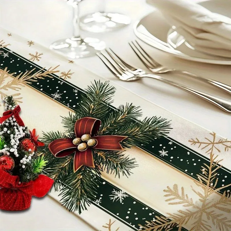 

Christmas Wreath Green Pine Branches Red Bow Gold Decoration Themed Decoration Dining Table Table Flag Family Kitchen Restaurant