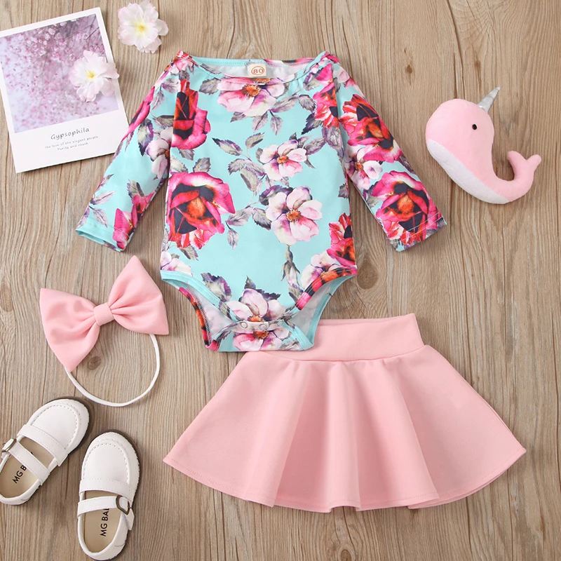 

0-36 Months Baby Girl Clothing Set Spring Autumn Cotton Flower Romper And Skirt Little Princess Suit Birthday Party Kids Clothes