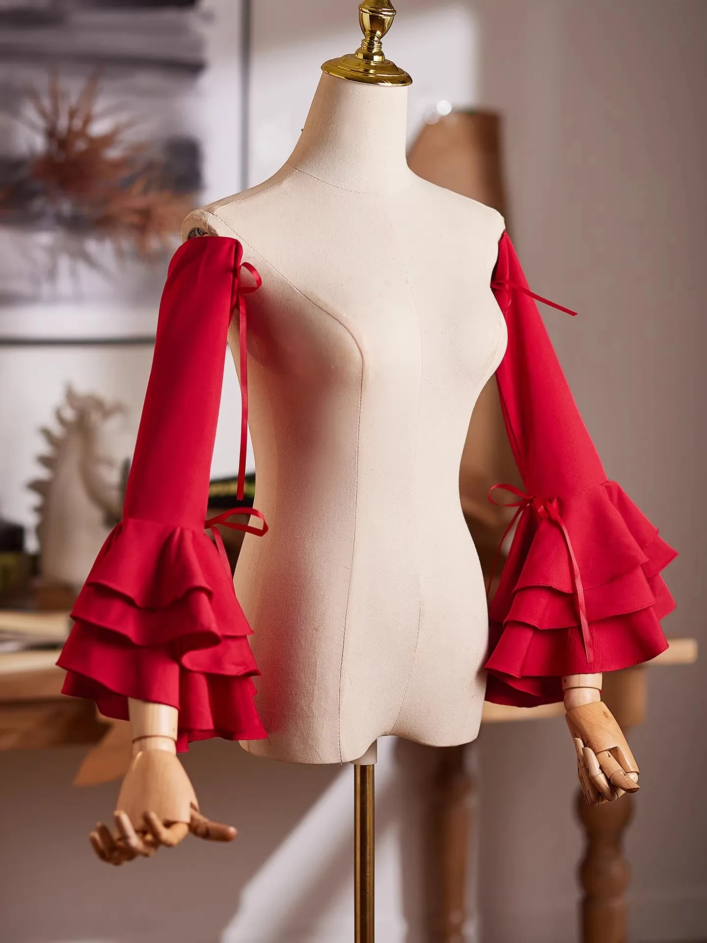 Women's Elegant Designer Puff Wine Red Arm Sleeve Female Vintage Photography Formal Dress Performance Party Glove R712
