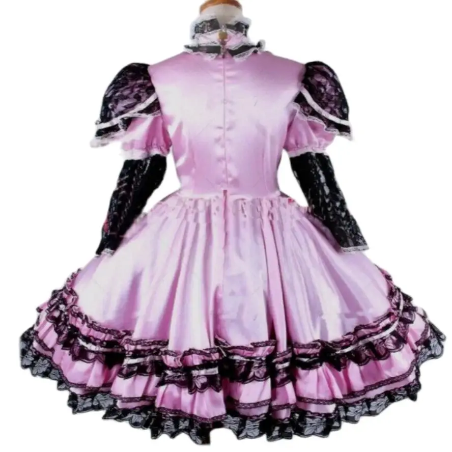 Pink Effeminate Satin Patchwork with Black Lacefluffy Shoulders Lace Stitching on Chest Interlocking Effeminate Dress