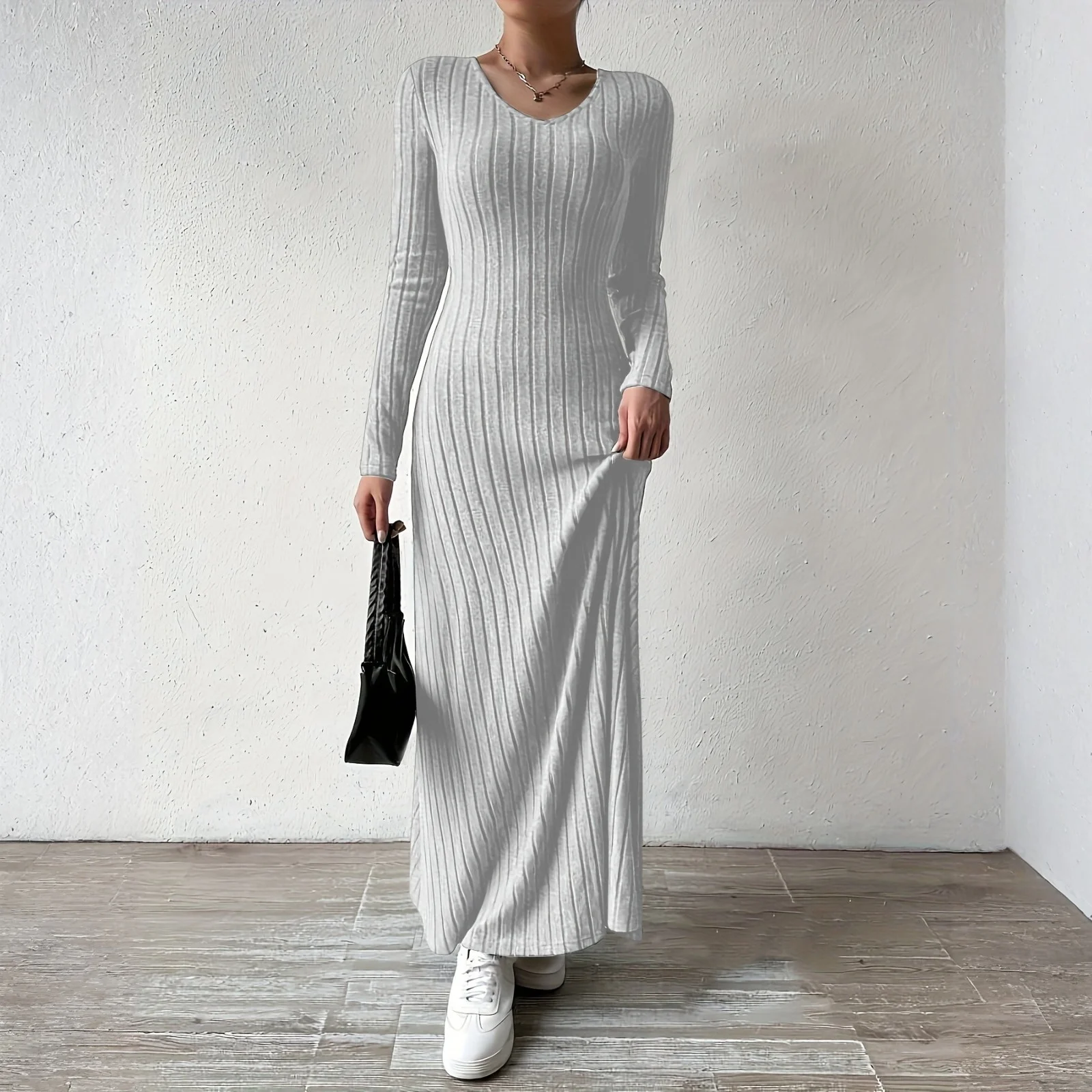 Damesjurk met lange mouwen Herfst Casual T-shirt Loose Fit Geplooide jurken aan de voorkant met zakken Vestidos Para Mujer Lange jurken