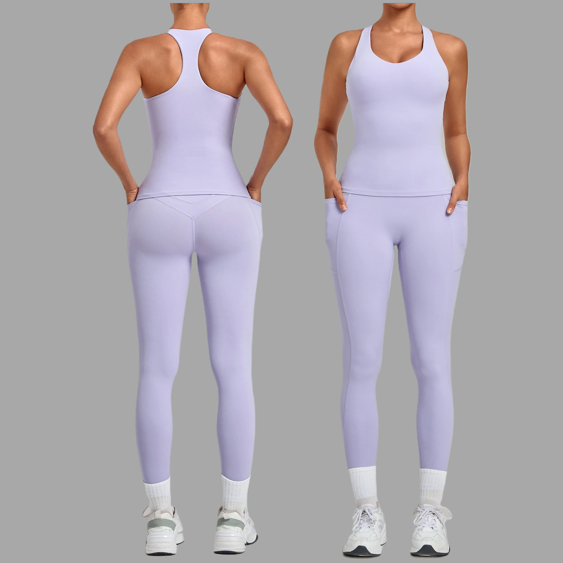 Gym Workout Women's Activewear Tank Top Yoga Sets with Side Pockets Tight Pants Two-piece Outfit for Outdoor Running and Fitness