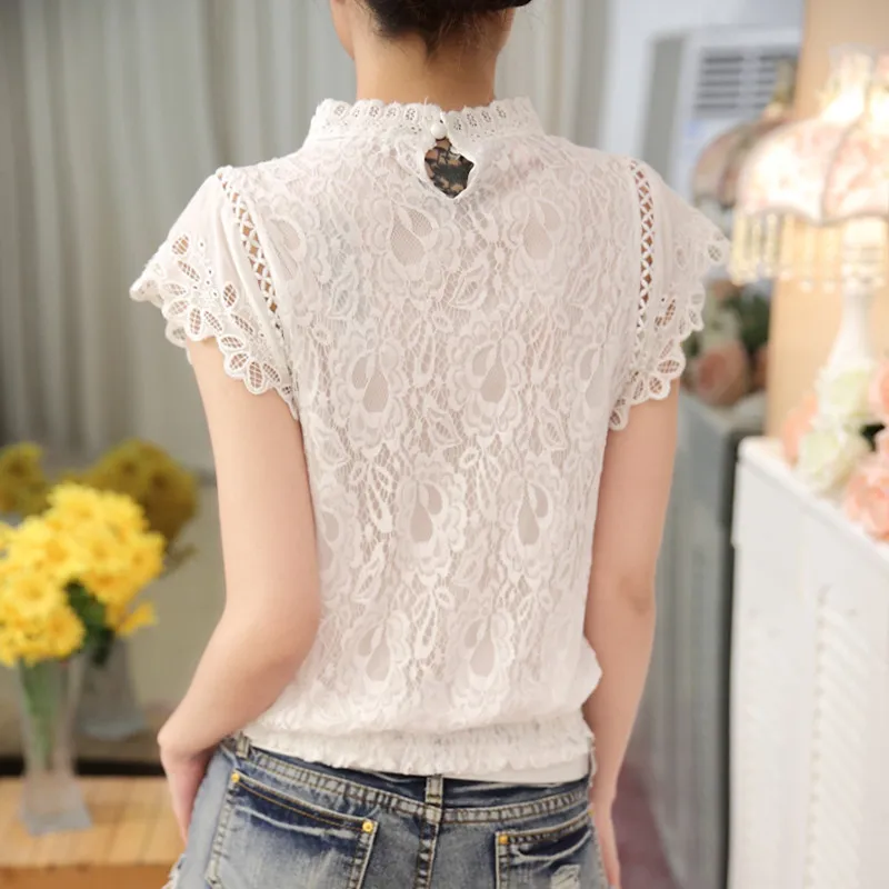 Summer Casual Solid Blouses for Women Petal Sleeve Floral Lace Tops Sweet Chiffon O-neck Short Shirts Elegant Chic New 01C