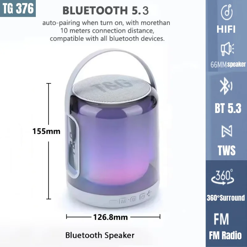 

TG376 Полноэкранный Caixa De Som Bluetooth-динамик Hi-Fi Звуковая колонка Настольный FM-радио TWS RGB Подсветка Портативный сабвуфер с тяжелыми басами