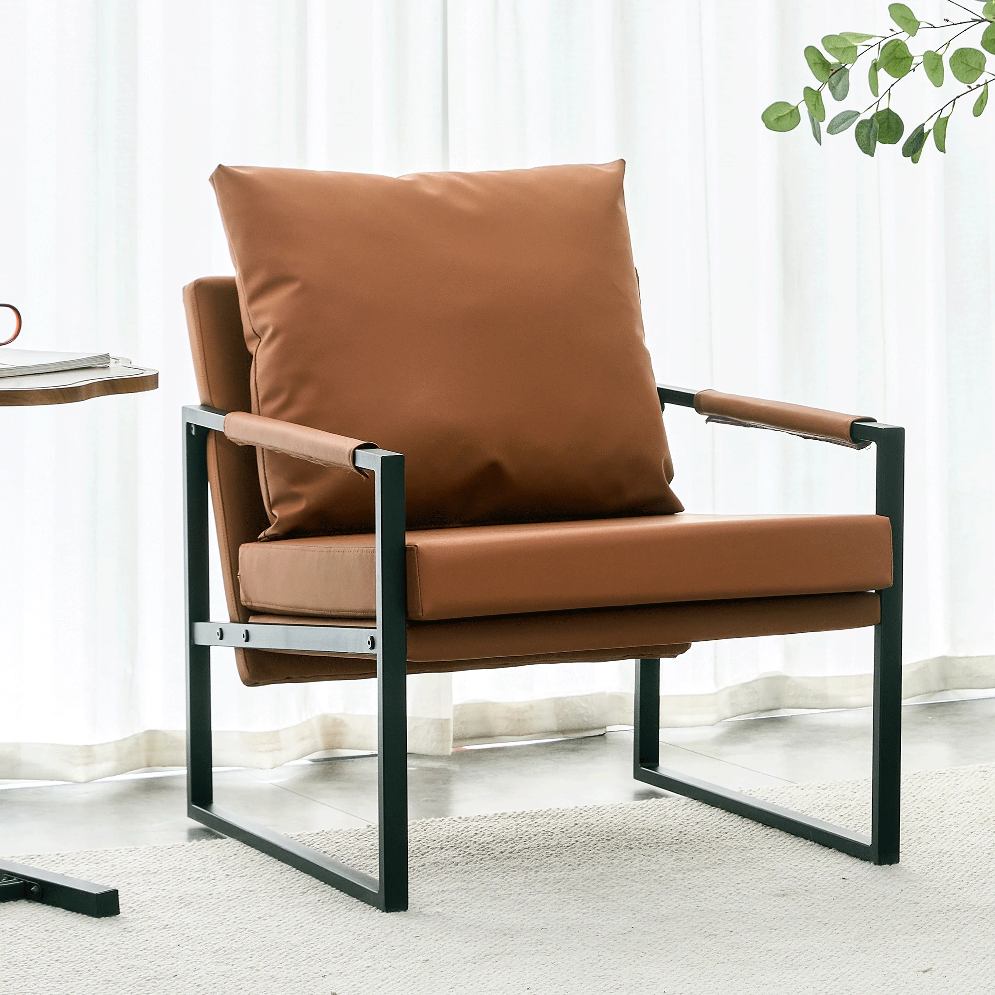 PU Leather Accent Arm Chair Mid Century Upholstered Armchair with Metal Frame Extra-Thick Padded Backrest and Seat Cushion Sofa
