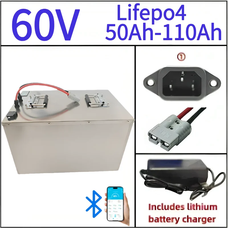 

60V 50Ah 100Ah LiFePO4 Battery Pack Built-in Bluetooth BMS Lithium Iron Phosphate For Solar Golf Cart RV Storage Boat