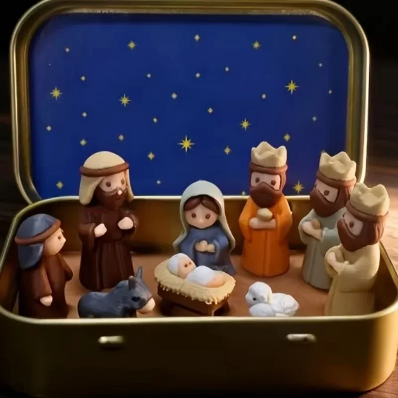 Kleines Weihnachtskrippenset in Eisenbox mit Tasche, Heilige Familie, Maria, Jesus, Hirtenfigur, Tierfiguren, Weihnachts- und Osterdekoration für den Schreibtisch, Geschenk – Detail 5