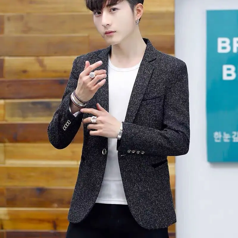 

Casual Men's Slim Fit Spring Autumn Plaid Jaet Youthful Haome Single Piece Top Coat Trendy Flat Collar One Button Polyes...